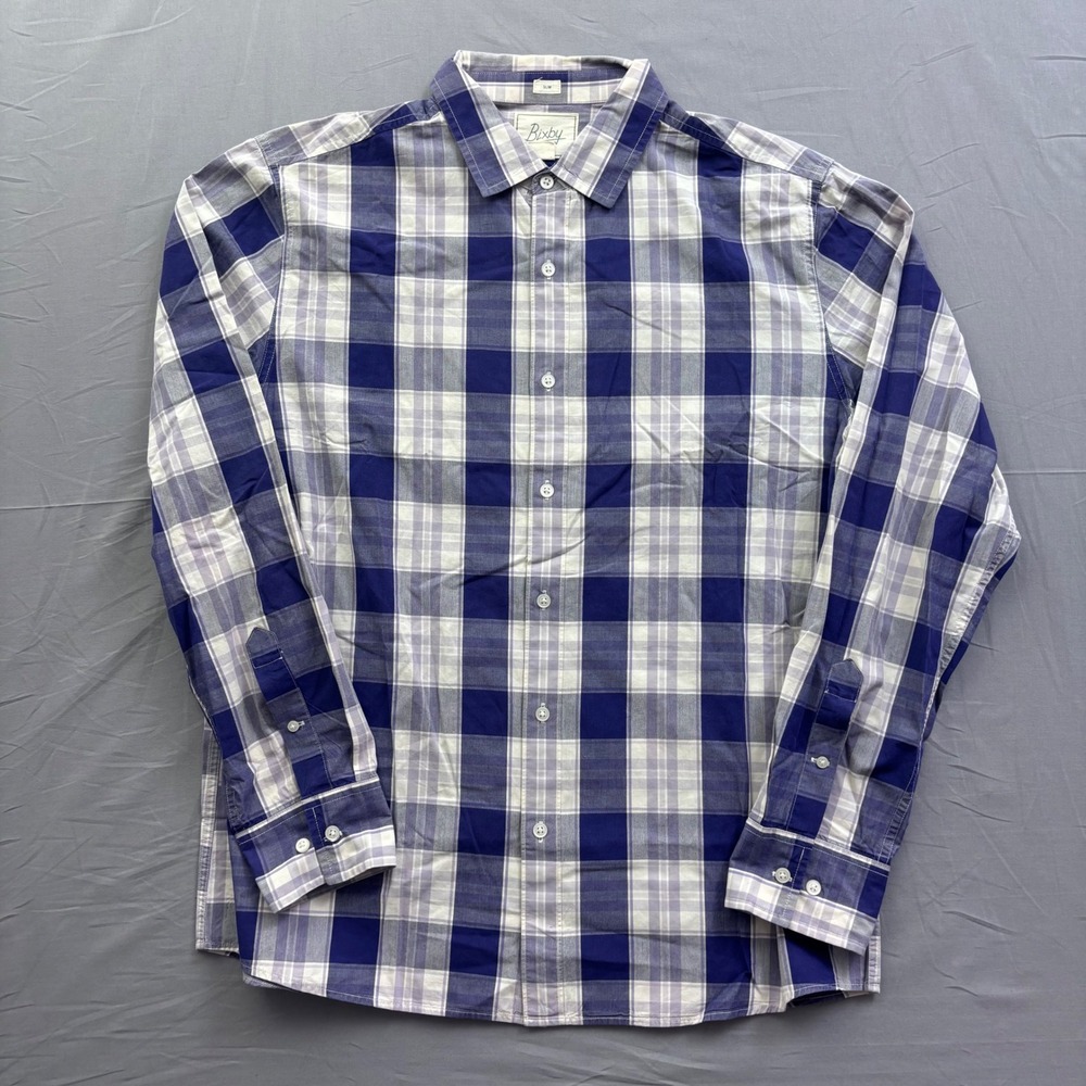 Bixby Nomad Mens Slim Fit Plaid Button Down Shirt Blue White Large L Long Sleeve